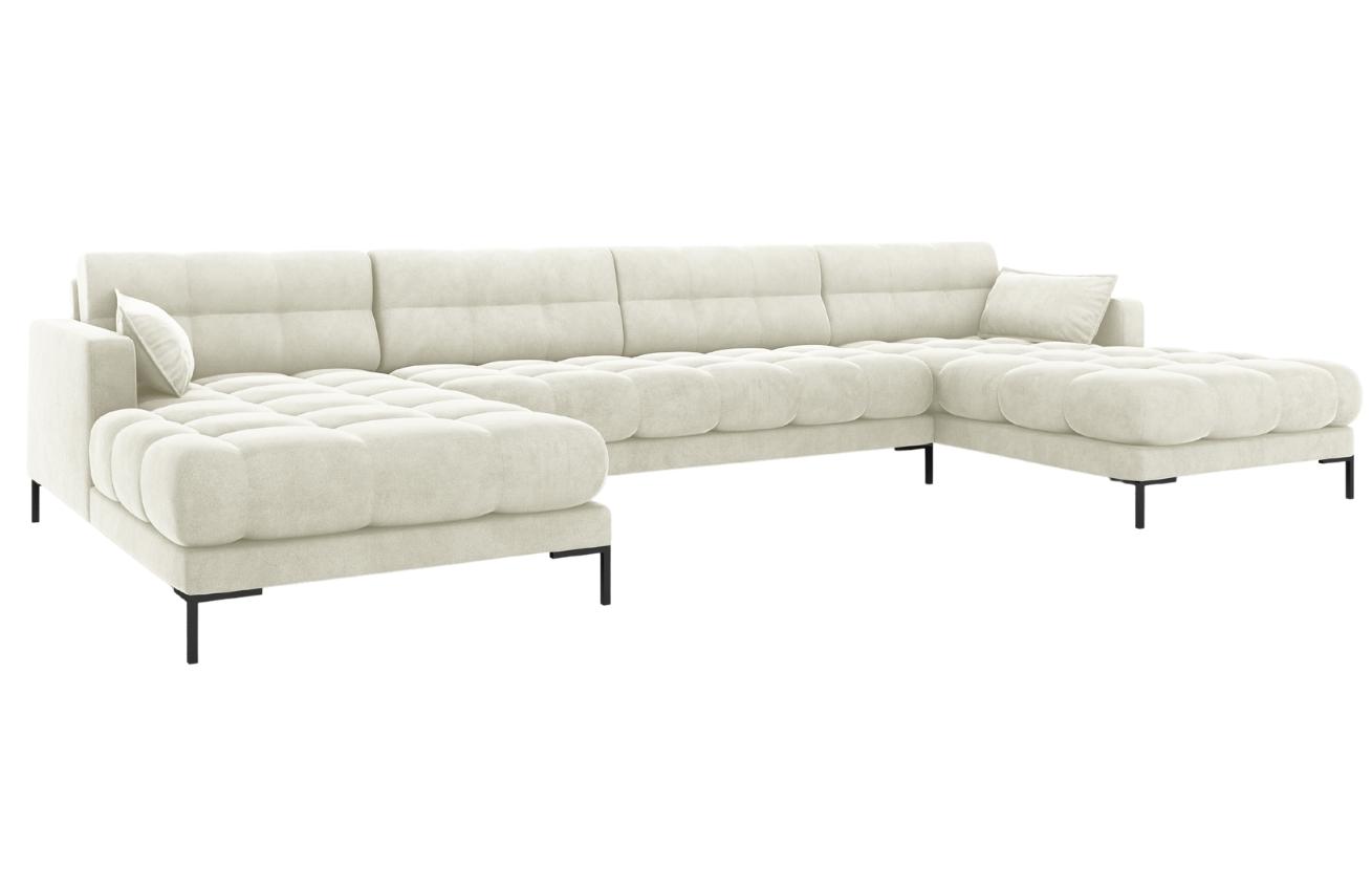 Krémová sametová šestimístná rohová pohovka do "U" MICADONI MAMAIA 383 cm s černou podnoží